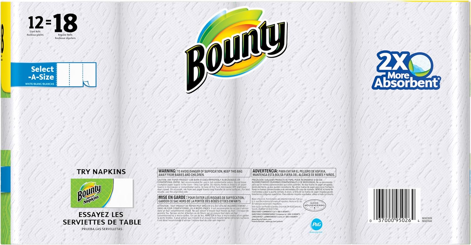 Bounty Paper Towels, White, 12-18 Count