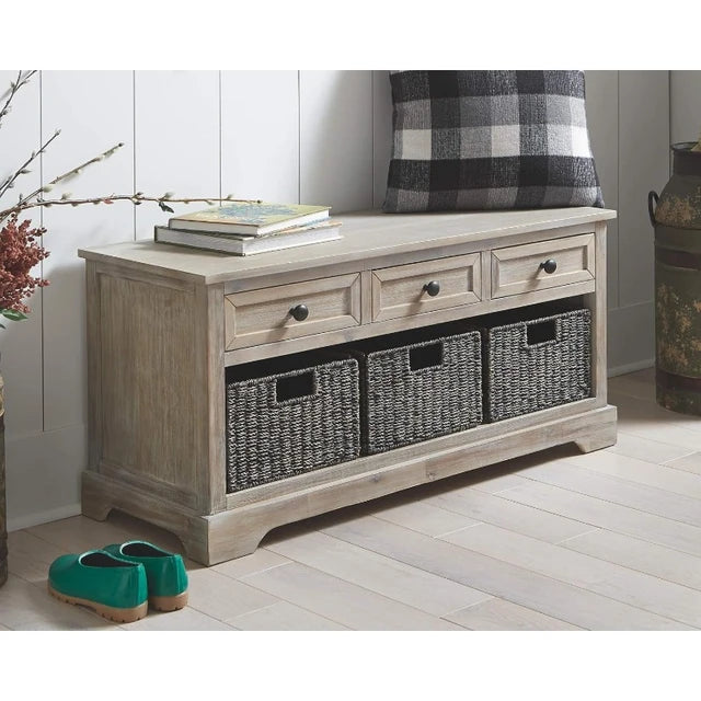 Farmhouse Storage Bench with Drawers and 3 Removable Baskets