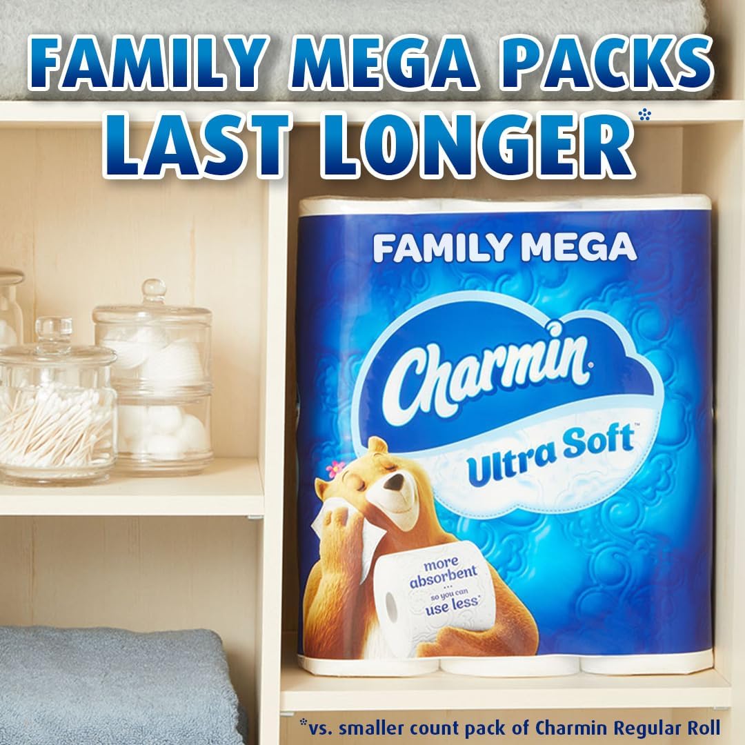 Charmin Ultra Soft Cushiony Touch Toilet Paper, 24 Family Mega Rolls = 123 Regular Rolls 6-4CT