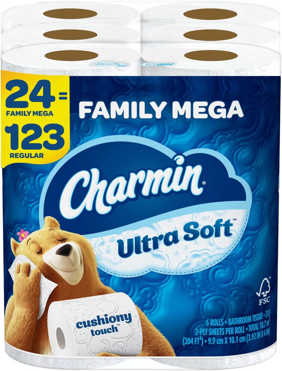 Charmin Ultra Soft Cushiony Touch Toilet Paper, 24 Family Mega Rolls = 123 Regular Rolls 6-4CT