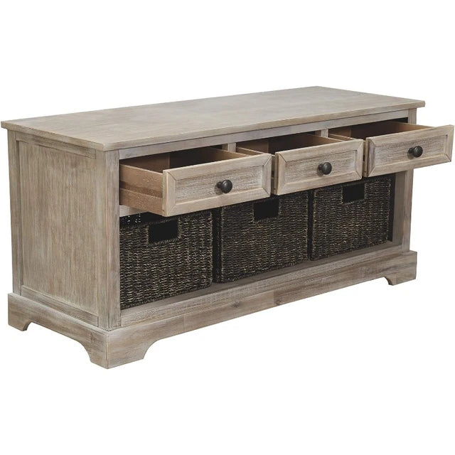 Farmhouse Storage Bench with Drawers and 3 Removable Baskets